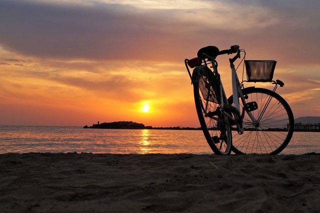 夕日をバッグに撮られた自転車