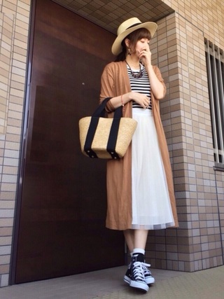 ロングカーディガン×チュールスカート